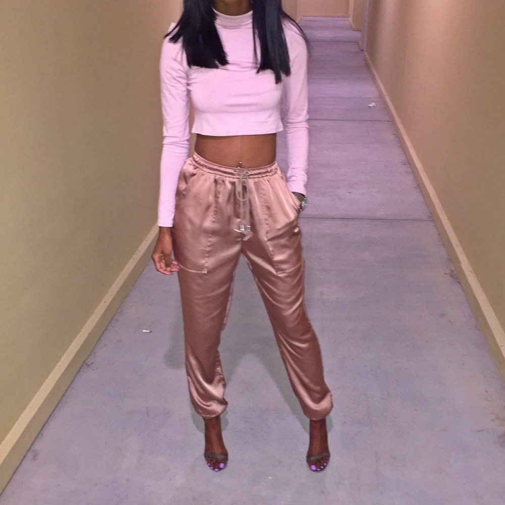 copper silk joggers